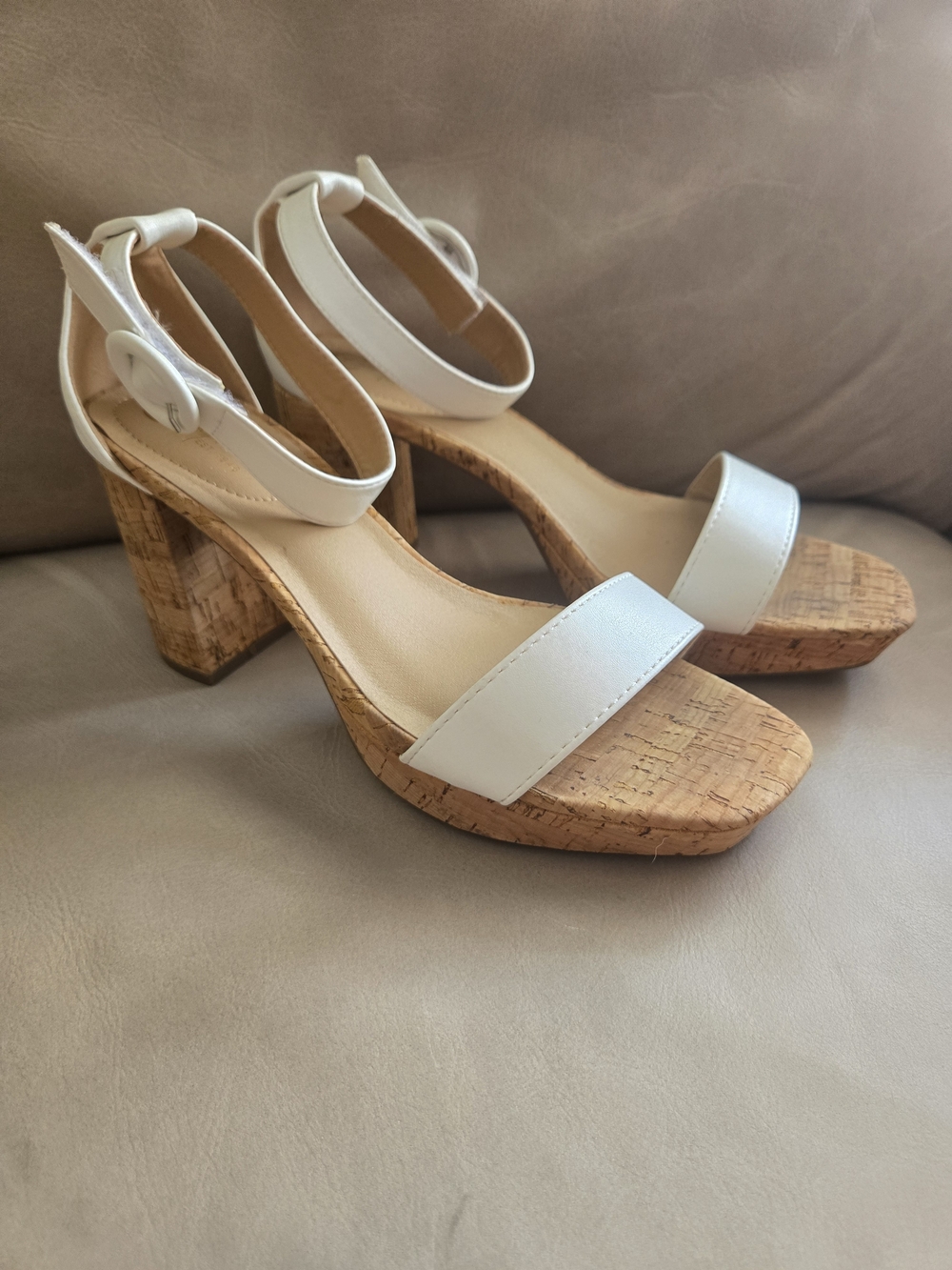 White Cork Block Heel Sandals with Velcro Ankle Strap